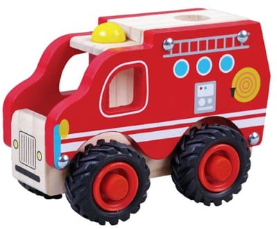 Brandweerauto Hout - Met Rubberen Wielen - Simply for Kids - Klein - 13 cm