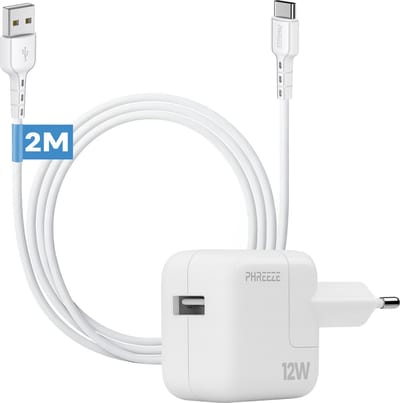 Phreeze usb adapter 12 W - Usb A naar usb C kabel 2 meter - Usb power adapter voor telefoon en tablet