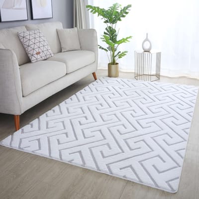 Flycarpets Nonia Hoogpolig Fluffy 3D Design Geometrisch Vloerkleed - Wit / Zilver - 80x250 cm