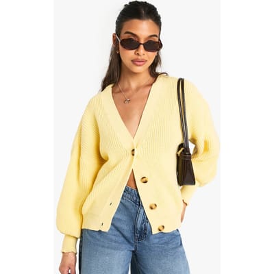 boohoo Dames Cardigan met ballonmouwen en knoop door de rib | Citroen | Maat: Small