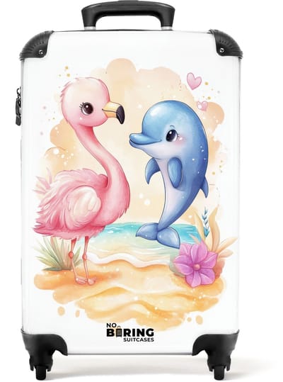 NoBoringSuitcases.com® - Kinderkoffer meisje - Kindertrolley meisjes - Roze flamingo en blauwe dolfijn op een strand - Handbagage koffer lichtgewicht - Reiskoffer trolley kinderen - Rolkoffer met wieltjes - Past binnen 55x40x20 en 55x35x25