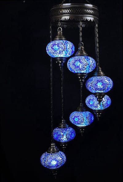 Turkse hanglamp - mozaïek glas blauw - 7 bollen - hoogte 145 cm diameter 13 cm