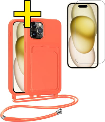 Hoesje Geschikt voor iPhone 14 Pro Telefoonhoesje Met Koord Case Pashouder Met Screenprotector Siliconen - Hoes Geschikt voor iPhone 14 Pro Hoesje Met Kaarthouder - Papaya