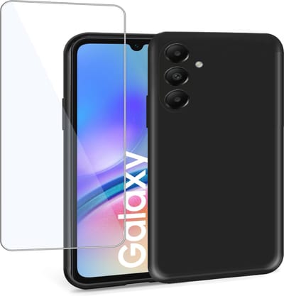 Geschikt voor Samsung Galaxy A15 - Hoesje + Screenprotector – Gehard Glas Cover - Suède Case Zwart