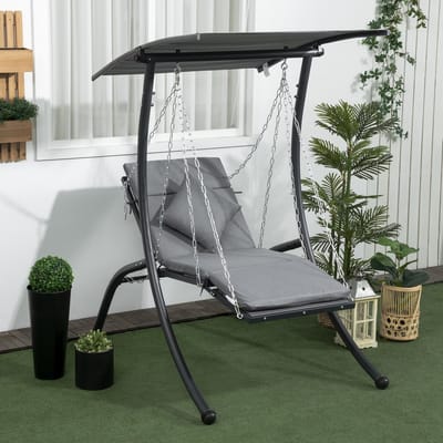 MEUNIQ schommelbank voor tuin en terras 145 x 108 x 169 cm met verstelbaar zonnedak, zit- en ligstand, kussen en hoofdsteun, donkergrijs