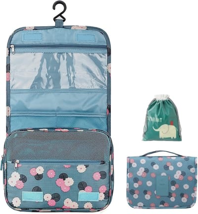 Dailygoods- Toilettas met haak - Waterdichte Organizer - Draagbare Make-uptas - Compact - Meerdere vakken - Bloemenprint - Opbergtas