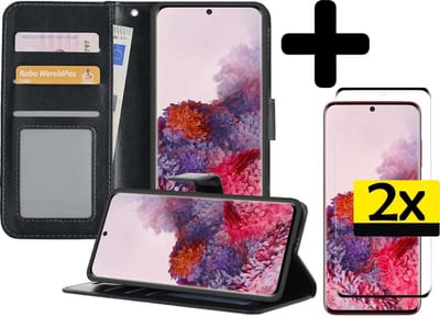 Hoesje - Met 2x Screenprotector - Geschikt voor Samsung Galaxy S20 - Luxe Pasjeshouder - Bookcase Portemonee - Flip Case - Kunstleer Book Case - Flipcase Hoes - Book Cover - Walletcase - Portemonneehoes - Telefoonhoesjes - Zwart