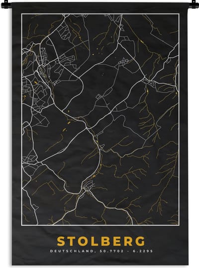 Wandkleed - Wanddoek - Black and Gold – Stadskaart – Stolberg – Duitsland – Plattegrond – Kaart - 120x180 cm - Wandtapijt