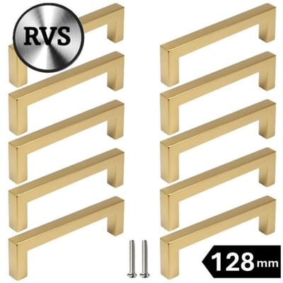 10 X MSQDESIGN Handgrepen RVS Goud - Boormaat 128mm - Gouden Handgreep voor Keuken & Kast - Moderne Meubelgreep - Keukengreep Mat Goud -Kastgrepen- Goude Greepjes Keuken - Goude RVS Handvatten - Deurgreepjes -incl schroeven