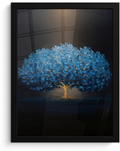 Poster in lijst - Fotolijst 30x40 cm - Posters - Boom - Blauw - Bladeren - Penseelstreken - Posterlijst zwart - Decoratie - Wanddecoratie woonkamer - Muurdecoratie slaapkamer