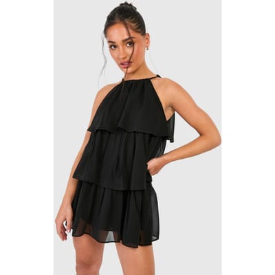 boohoo Dames Petite Chiffon Gelaagde Mini-Jurk | Zwart | Maat: 44