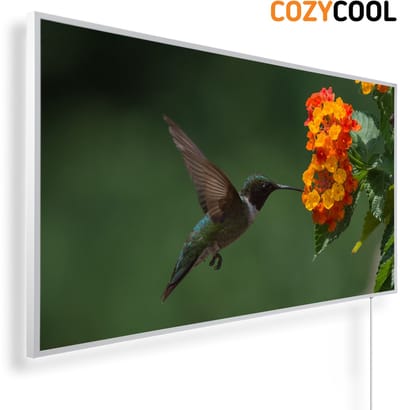 Infraroodpaneel met afbeelding | Vliegende kolibrie en bloemen | 1200 Watt | Witte lijst | Infrarood verwarmingspaneel | Infrarood paneel | Infrarood verwarming