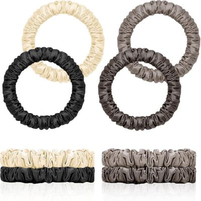 Set van 4 Zijden Scrunchies | Satijnen Haarbanden | Elastische Haaraccessoires voor Vrouwen (Zwart, Khaki, Koffie) - Perfect voor Bescherming en Stijl