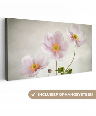 Canvas schilderij 40x20 cm - Wanddecoratie Bloemen - Stilleven - Olieverf - Klaproos - Roze - Muurdecoratie woonkamer - Slaapkamer decoratie - Kamer accessoires - Schilderijen op canvas