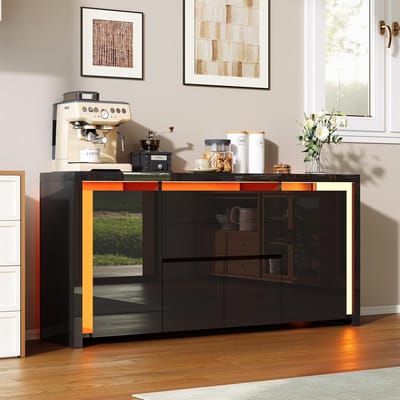 Dressoir met LED verlichting 160 x 35 x 75 cm – Hoogglans keukenkast met 2 laden en 4 deuren – Modern buffetkast / opbergkast / halkast – Zwart – Laura