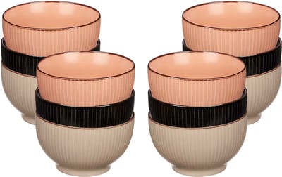 Kommetjes/serveer schaaltjes - 12x stuks - Mistique - porselein - D14 x H8 cm - zalm roze - zwart - beige - Stapelbaar