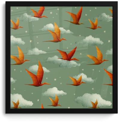 Poster in lijst - Fotolijst 40x40 cm - Posters - Dinosaurussen - Wolken - Sterren - Oranje - Posterlijst zwart - Decoratie - Wanddecoratie woonkamer - Muurdecoratie slaapkamer