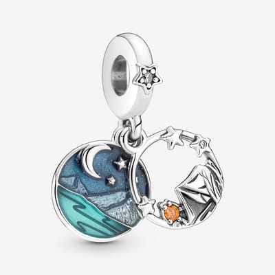 Fler® | Bedel | Past op populaire bedel armbanden (standaard-3mm) | armbandbedel | Camping Night Sky Dubbele Bedel | Hangbedel Charm | 925 sterling zilver | Zirkonia | Blauwe & Turquoise emaille | Vriendschap, Verjaardagsgeschenk | Valentijn kado