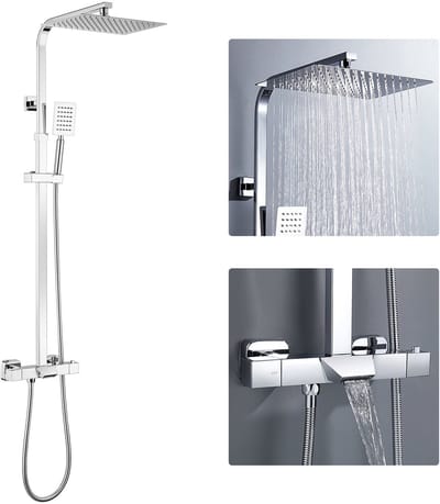 Auralum Max Regendouche met Thermostaatkraan - RVS Doucheset - Waterkraan met Waterval - 3 functie - hoofddouchekop 30x20 cm - Thermostatische douchekolom - Verstelbare Hoogte 98-129 cm