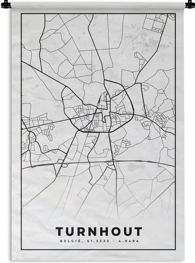 Wandkleed - Wanddoek - Stadskaart – Zwart Wit - Kaart – Turnhout – België – Plattegrond - 120x180 cm - Wandtapijt