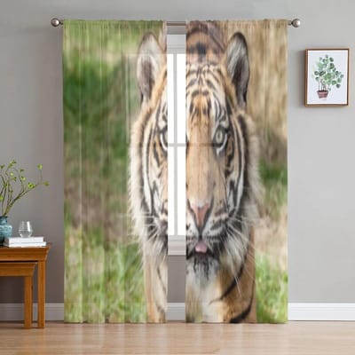Close-up hoofdfoto van Sumatraanse tijger Panthera Tigris Sumatrae Tulle transparante gordijnen voor woonkamerdecoratie Voile organza gordijn 135W x 114H(cm) gray