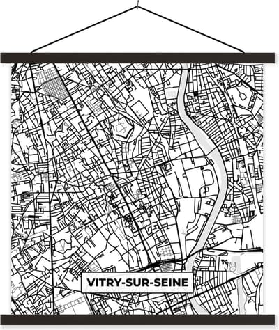 Posterhanger incl. Poster 60x60 cm - Schoolplaat - Kaart - Plattegrond - Vitry-sur-Seine - Frankrijk - Stadskaart - Zwart wit - Textielposter - Zwarte latten - Stadskaart