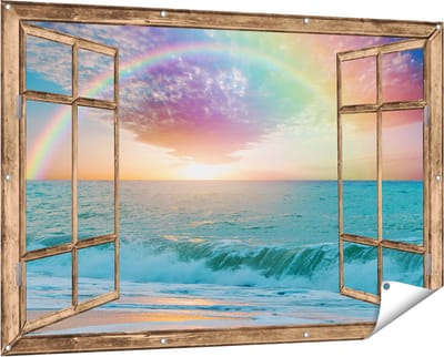 Gards Tuinposter Doorkijk Regenboog in het Water bij het Strand - 150x100 cm - Tuindoek - Tuindecoratie - Wanddecoratie buiten - Tuinschilderij