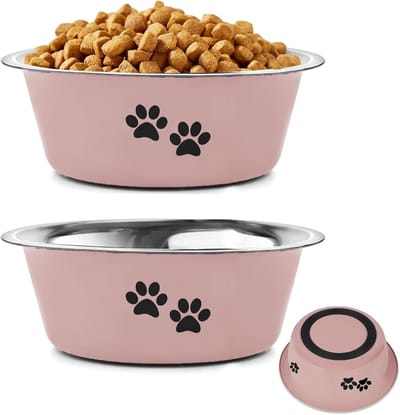 Set van 2 Hondenvoederschalen voor Kleine, Middelgrote en Grote Honden, Antislip RVS Eet- en Drinkbakken met Silicone Onderkant (Roze, Ø 17 cm, 860 ml)