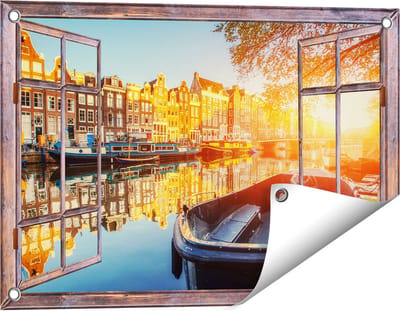 Gards Tuinposter Doorkijk Amsterdamse Brug - Gracht - met Bloemen - 60x40 cm - Tuindoek - Tuindecoratie - Wanddecoratie buiten - Tuinschilderij