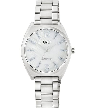 Q&Q Q90B-001PY - Horloge - Polshorloge - Analoog - Dames - Vrouwen - stalen band - Overig - Metaal - Cijfers - Strepen - Zilverkleurig - Wit
