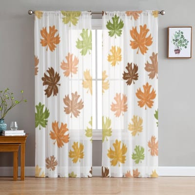 Herfst Esdoornblad Tule Gordijnen Voor Woonkamer Transparant Gordijn Slaapkamer Sluier Organza Decoratieve Raambekleding 135W x 114H(cm) white