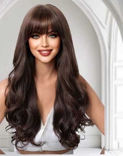 Chocolade Donkerbruin golf pruik met pony - Hittebestendige- Dames pruiken – Lang Golvend pruik- 65 cm – Verstelbare -Wig – wasbaar