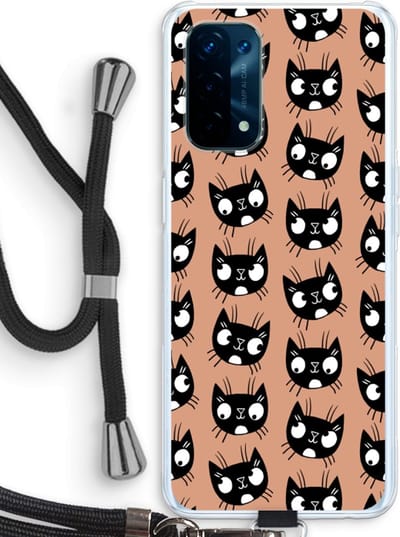 Case Company® - Hoesje met koord geschikt voor Oppo A74 5G hoesje met Koord - Kat - Telefoonhoesje met Zwart Koord - Bescherming aan alle Kanten en Over de Schermrand
