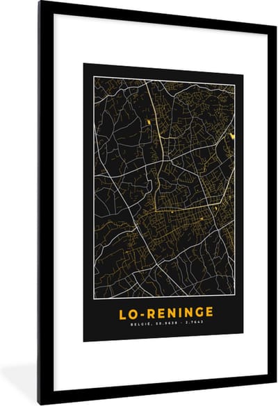 Fotolijst incl. Poster - Kaart - Lo-Reninge - Zwart - Stadskaart - Plattegrond - 80x120 cm - Posterlijst