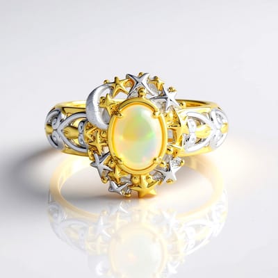 Cavill - 925 Sterling Zilver Opaal Ring 0,468 Ct - Ovaal Welo Opaal - Filigraan Ster & Maan Design - Stijlvolle Edelstenen Ring