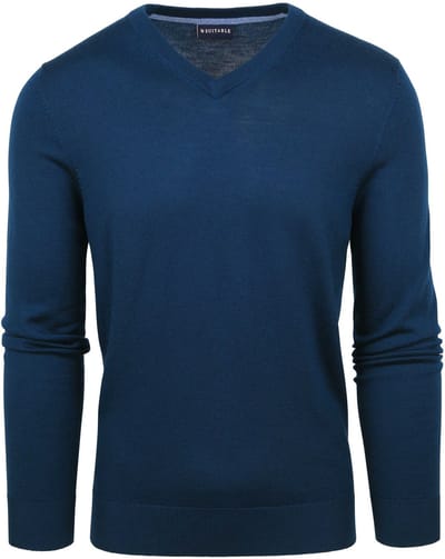 Suitable Merino Pullover V-Hals Indigo Blauw - Maat XL - Heren