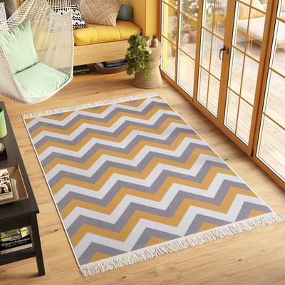 Tapiso Azteca Vloerkleed Franjes Zigzag Woonkamer Katoenen Dubbelzijdig Tapijt Maat- 60x110
