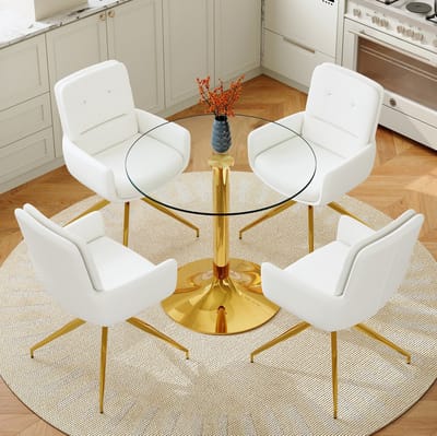 Set Tafel En Stoelen - Ronde Eettafel Met 4 Draaibare Stoelen - Voor Eethoek En Woonruimte - Metaal Kunststof - Transparant Wit Goud