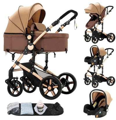 Deliqa 3 in 1 kinderwagen - khaki - buggy - wandelwagen - eenvoudig inklapbare kinderwagen - compact opvouwbaar - inclusief reiswieg / autostoel , buggy , ligbak , voetenzak, regenhoes , klamboe - verstelbare handvat