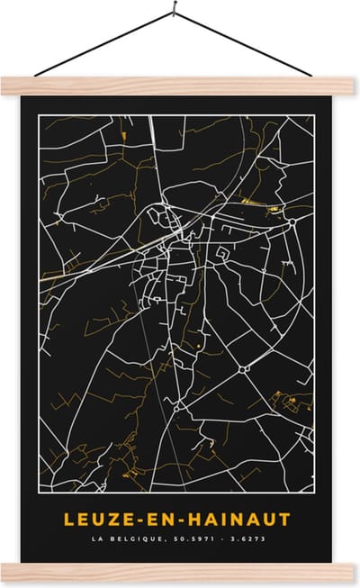 Posterhanger incl. Poster 40x60 cm - Schoolplaat - Stadskaart - Leuze-en-Hainaut - Plattegrond - Kaart - Textielposter - Blanke latten - Stadskaart