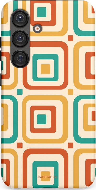 Casetastic hoesje geschikt voor Samsung Galaxy S25 - Dubbellaagse bescherming - Retro Vierkant verlangen - Fashion Case - Crème Terracotta Goud Turquoise