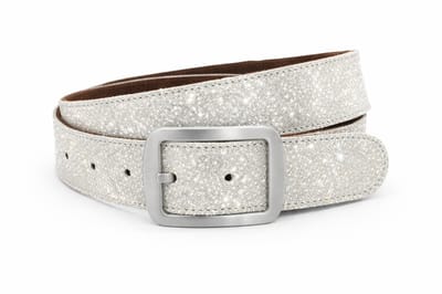 Zilveren glitterende dames riem - 4 cm breed - Leer - Jeans riem - Casual chique - Maat 85