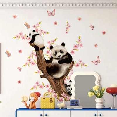 Schattige Baby Panda Op De Pruimenbloesem Tak Muurstickers 3D Vinyl Stickers Huisdecoraties Voor Woonkamer Slaapkamer Badkamer white