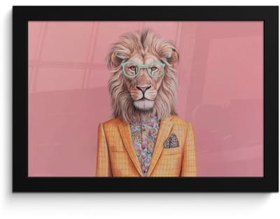 Poster in lijst - Fotolijst 30x20 cm - Posters - Leeuw - Pak - Geruit - Bril - Posterlijst zwart - Decoratie - Wanddecoratie woonkamer - Muurdecoratie slaapkamer