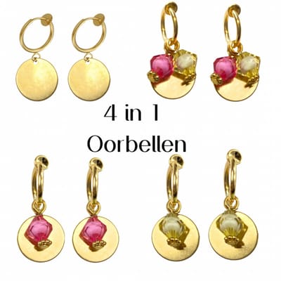 4 in 1 klem oorbellen -goudkleurig-roze/geel-geen gaatje-Charme Bijoux