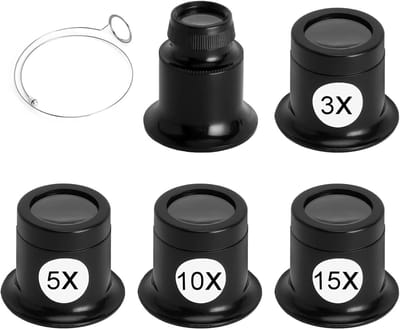 Set van 5 Horlogemakersloepen met Stalen Ring, Monoculaire Loepen 3X 5X 10X 15X 20 voor Horloges, Sieraden en Munten, Ideaal voor Juweliers en Verzamelaars