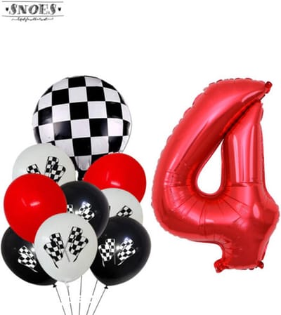 Snoes Racecijferballon 4 Feestboeket - Verjaardag Ballonnen Race Thema - Rood, Wit & Zwart