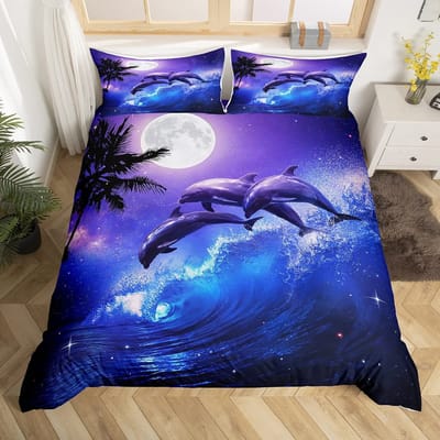 Collection de Literie Dauphin Bleu Couette Taille Queen Full Literie Animaux Océaniques Pour Garçons Enfants Adolescent Garçon Literie Avec Taies d'Oreiller 3 Pièces EU single(135x200cm)