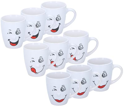 Funny Faces Koffiemokken - drinkbekers - wit - 9x stuks - 3 soorten gezichten - keramiek - 347 ml