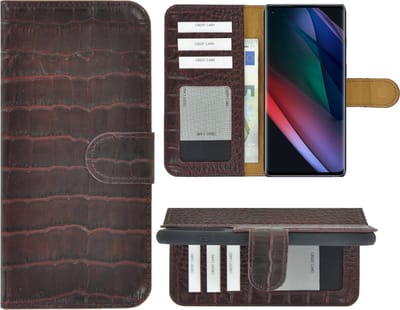 Hoesje Geschikt voor Oppo Find X3 Neo - Bookcase - Oppo Find X3 Neo Wallet Book Case Echt Leer Croco bordeauxrood Cover